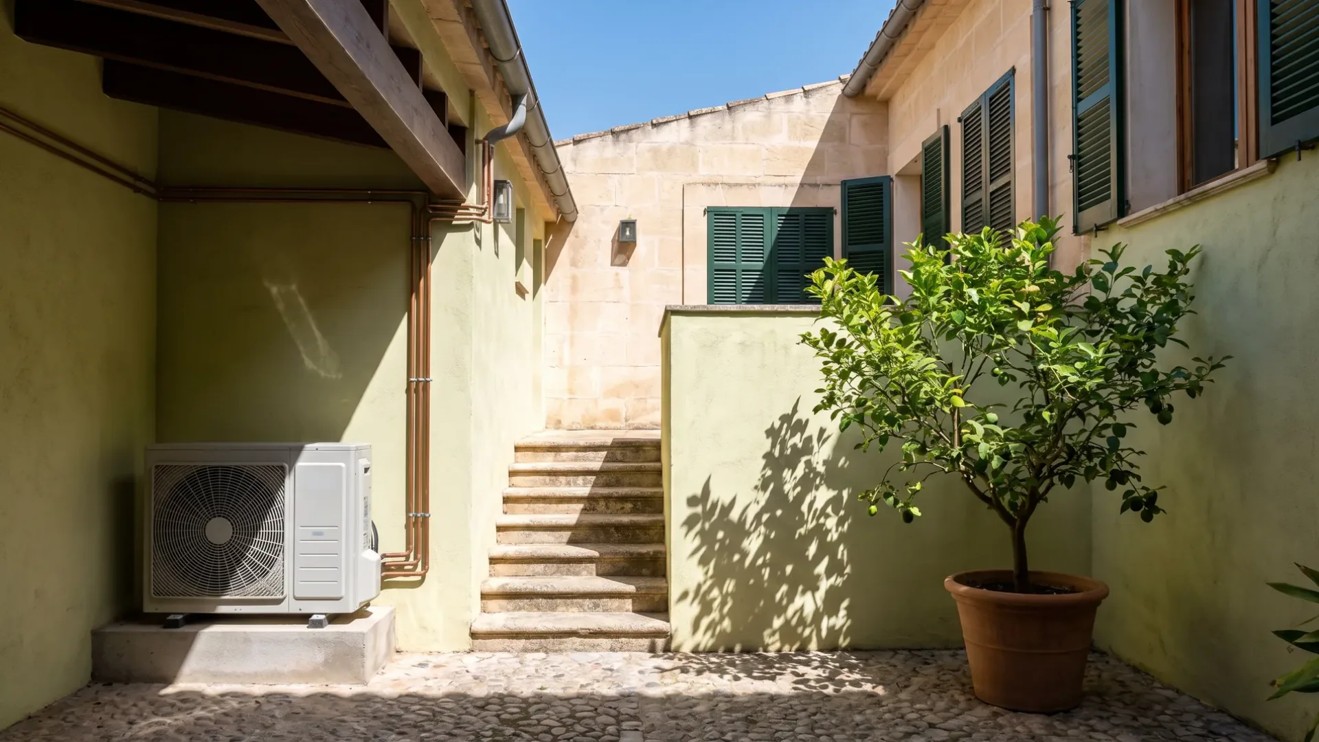 An outdoor condenser on a plinth in a rendered courtyard, stone steps behind and a lemon tree in a pot