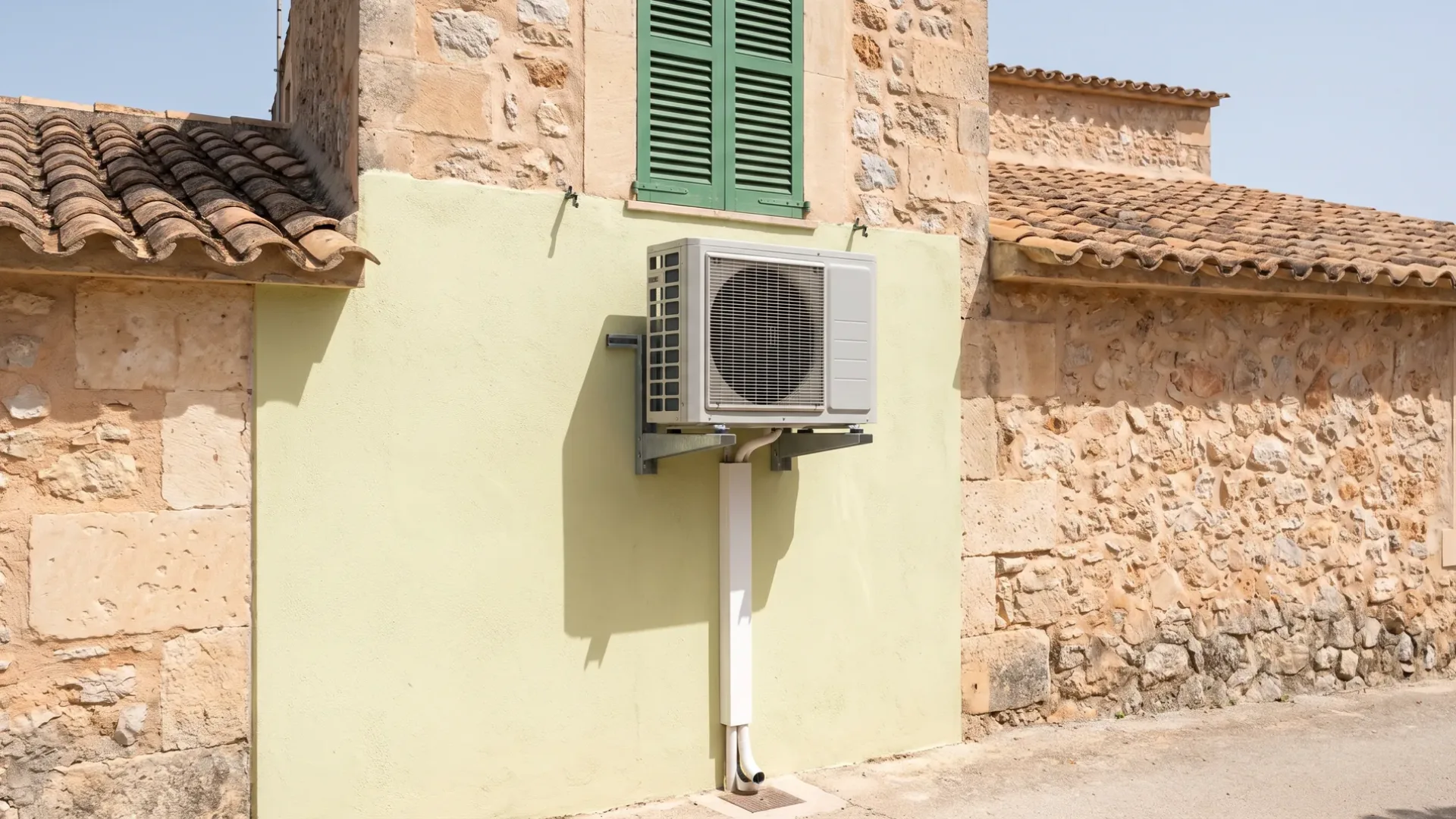 A wall-mounted condenser on pale render above a rubble limestone wall, green shutters closed above it