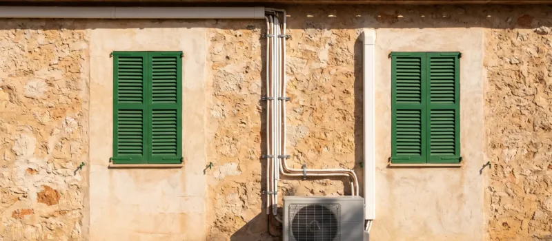 Una unidad exterior y su tendido de tuberías en la fachada de una finca de piedra entre dos ventanas con persianas verdes