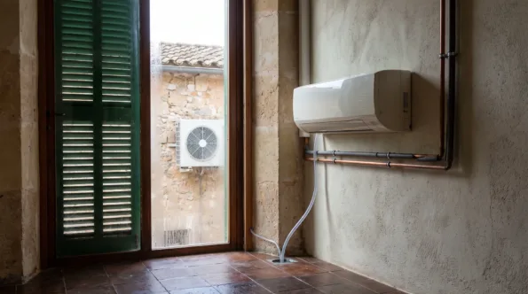 A wall unit with a condensate line run to a tiled floor, the outdoor unit visible through the door