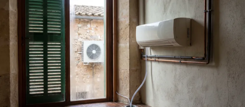 Una unidad de pared con la línea de condensados llevada a un suelo embaldosado, la unidad exterior visible por la puerta