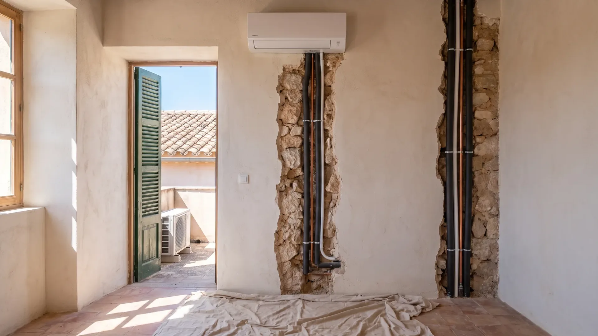 A wall unit above two chased channels in bare plaster, pipework exposed and a dust sheet on the floor