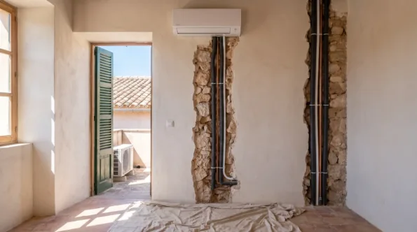 A wall unit above two chased channels in bare plaster, pipework exposed and a dust sheet on the floor