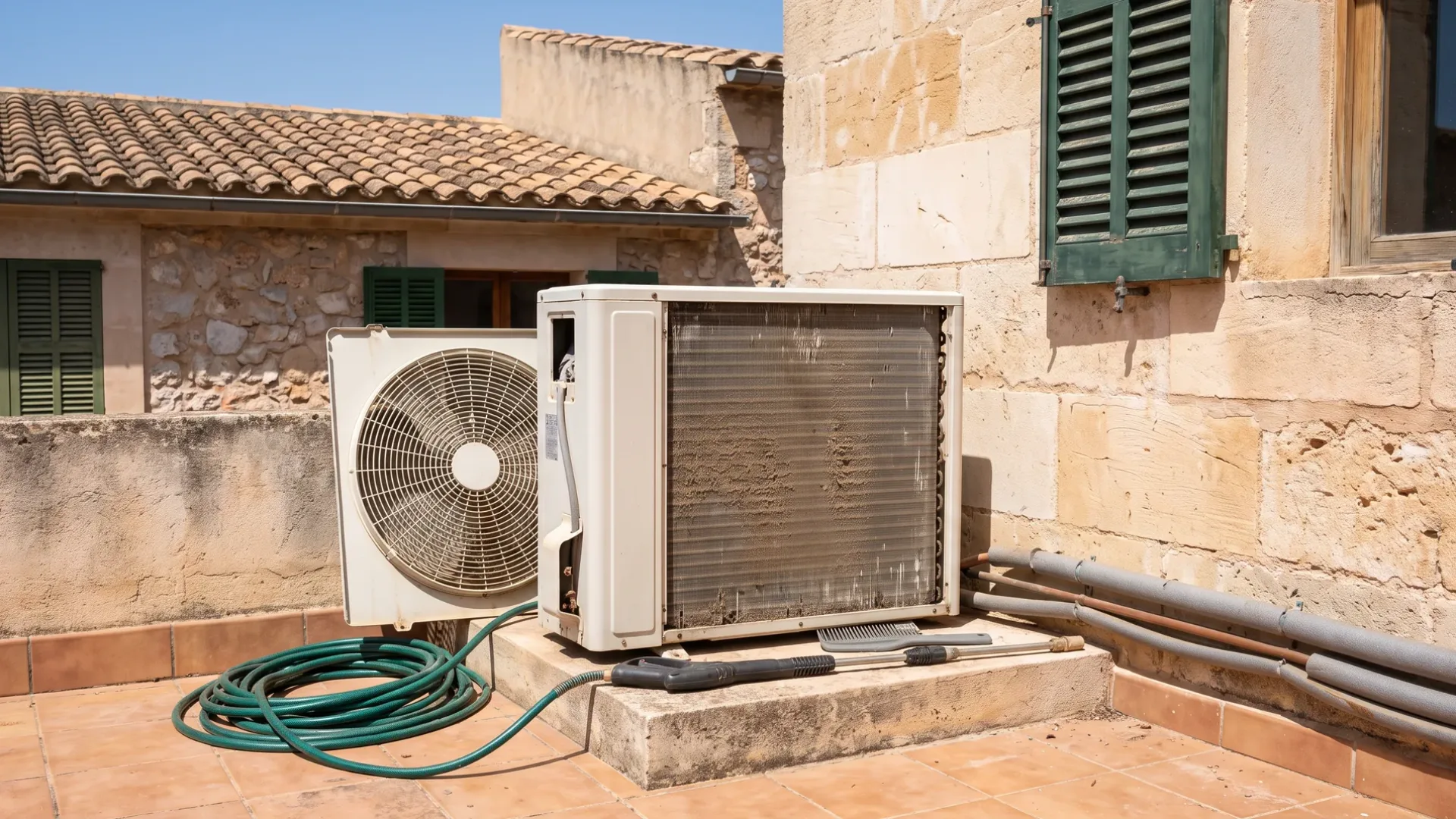 Two condensers on a terrace plinth, one coil packed with dust, a coiled hose and brushes beside them