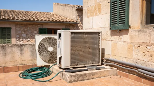 Two condensers on a terrace plinth, one coil packed with dust, a coiled hose and brushes beside them