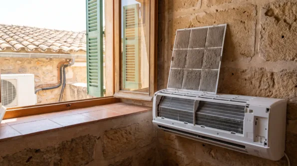 An indoor unit opened at a window, its clogged filter panel lifted clear of the exposed heat exchanger