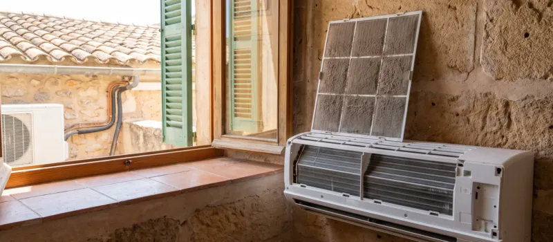 An indoor unit opened at a window, its clogged filter panel lifted clear of the exposed heat exchanger