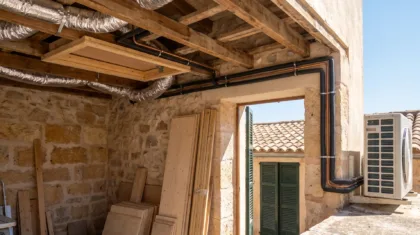 Insulated duct and refrigerant lines run under exposed beams in a room stripped back to bare stone
