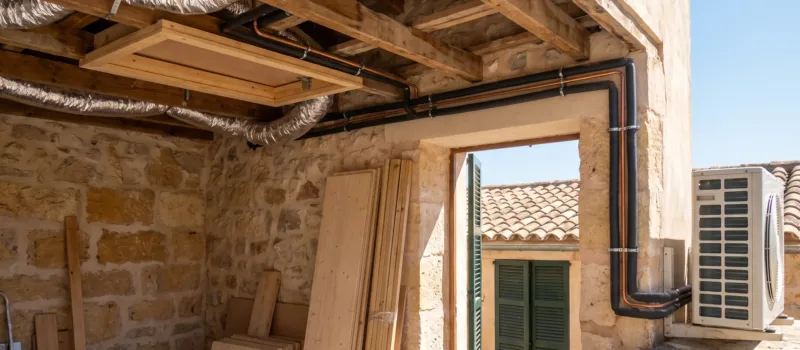Conducto aislado y líneas frigoríficas bajo vigas vistas en una habitación devuelta a la piedra desnuda