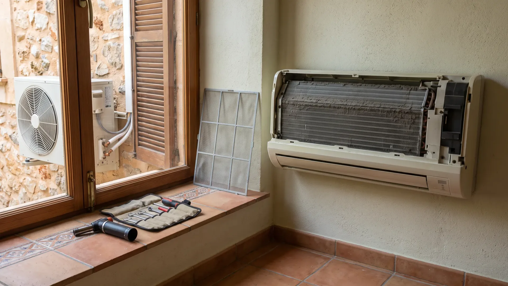 An indoor unit with its casing open and the filter propped on the sill beside a roll of hand tools