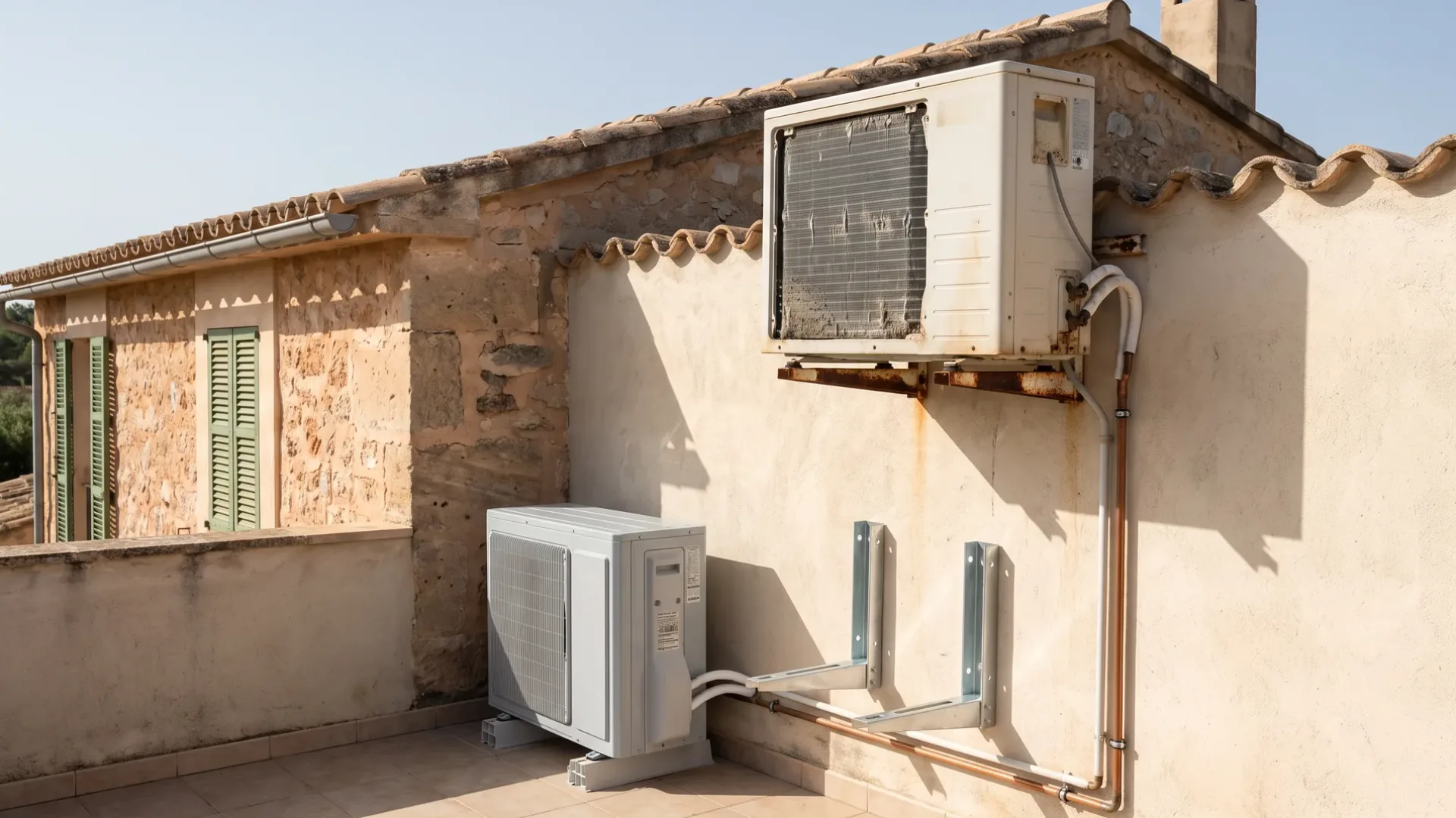 A rusting condenser on old brackets above a newer unit standing on the terrace tiles below it