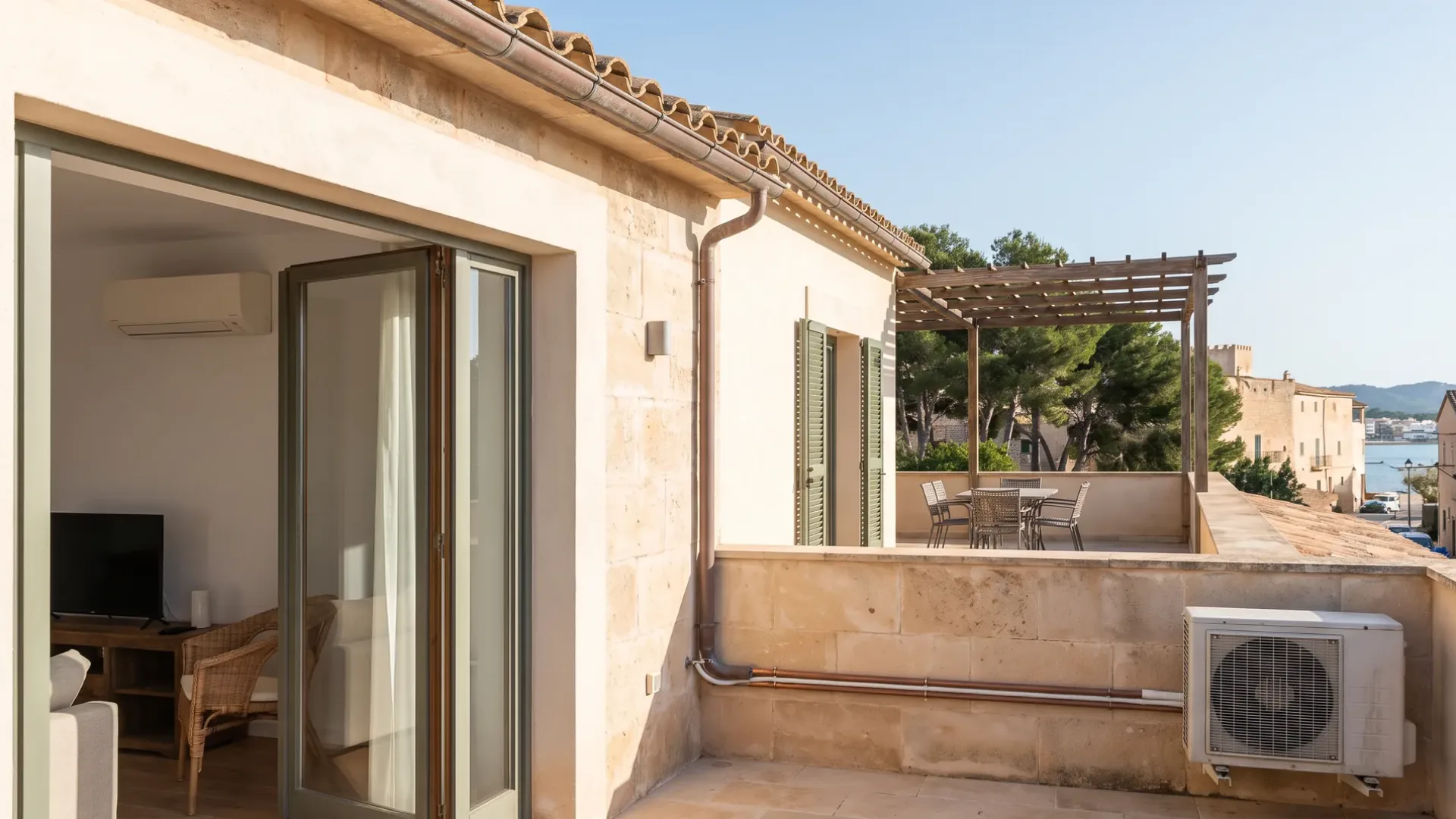 A condenser on a stone terrace wall beside folding doors, with a pergola and the bay in the distance