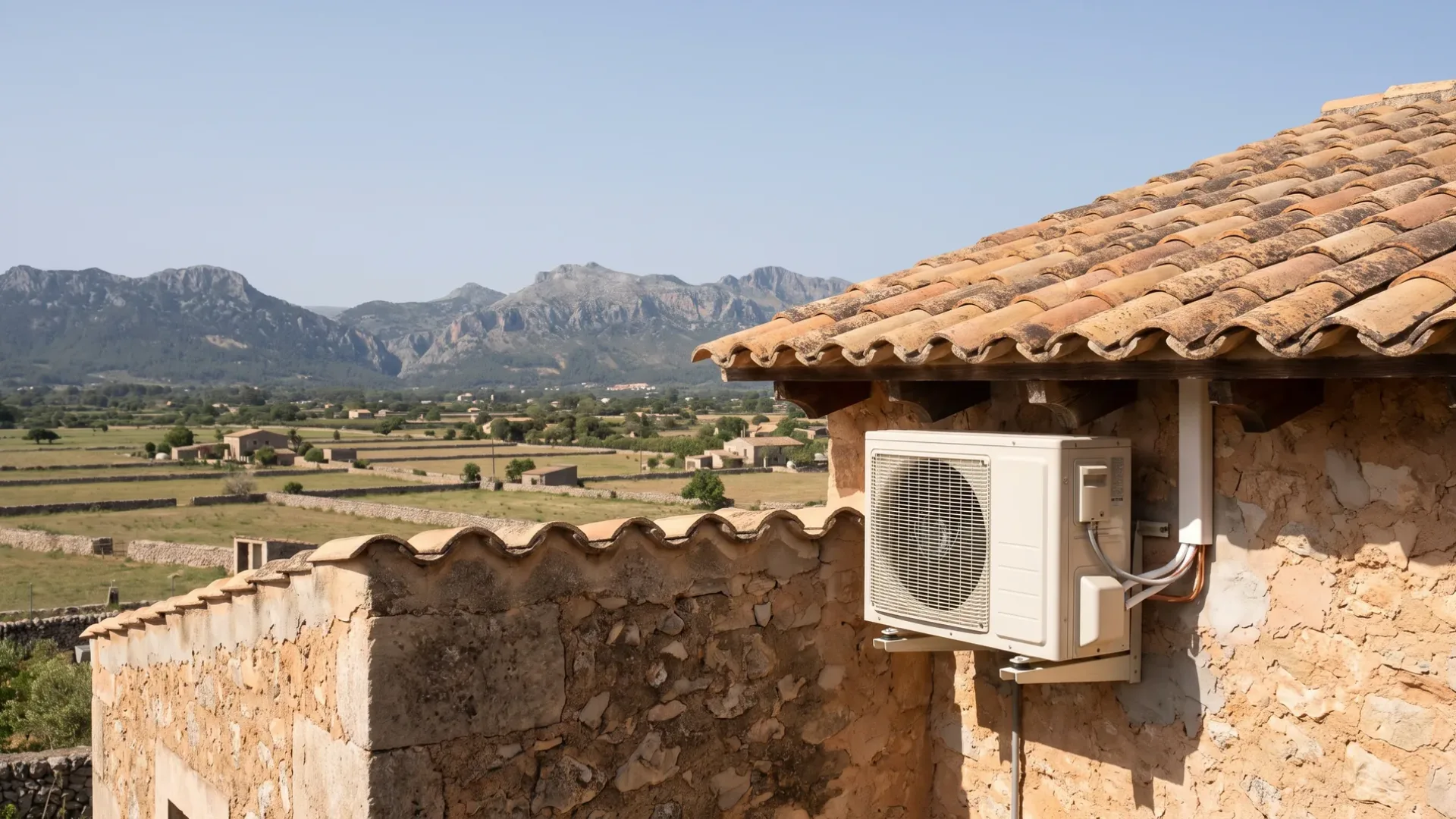 A condenser mounted under the eaves of a stone house, farmland and low mountains beyond the wall