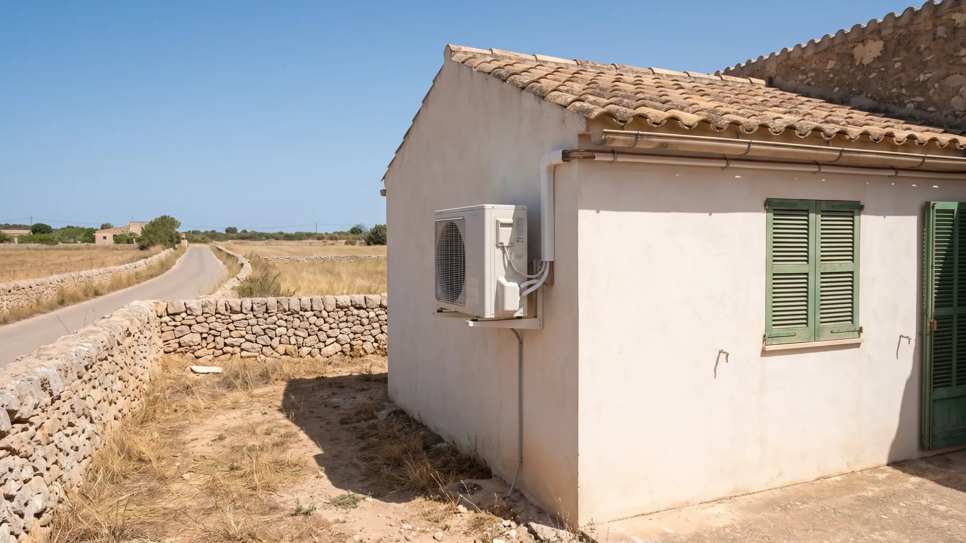 Una unidad exterior en el hastial de una dependencia revocada, una pared seca y un camino que pasa al lado