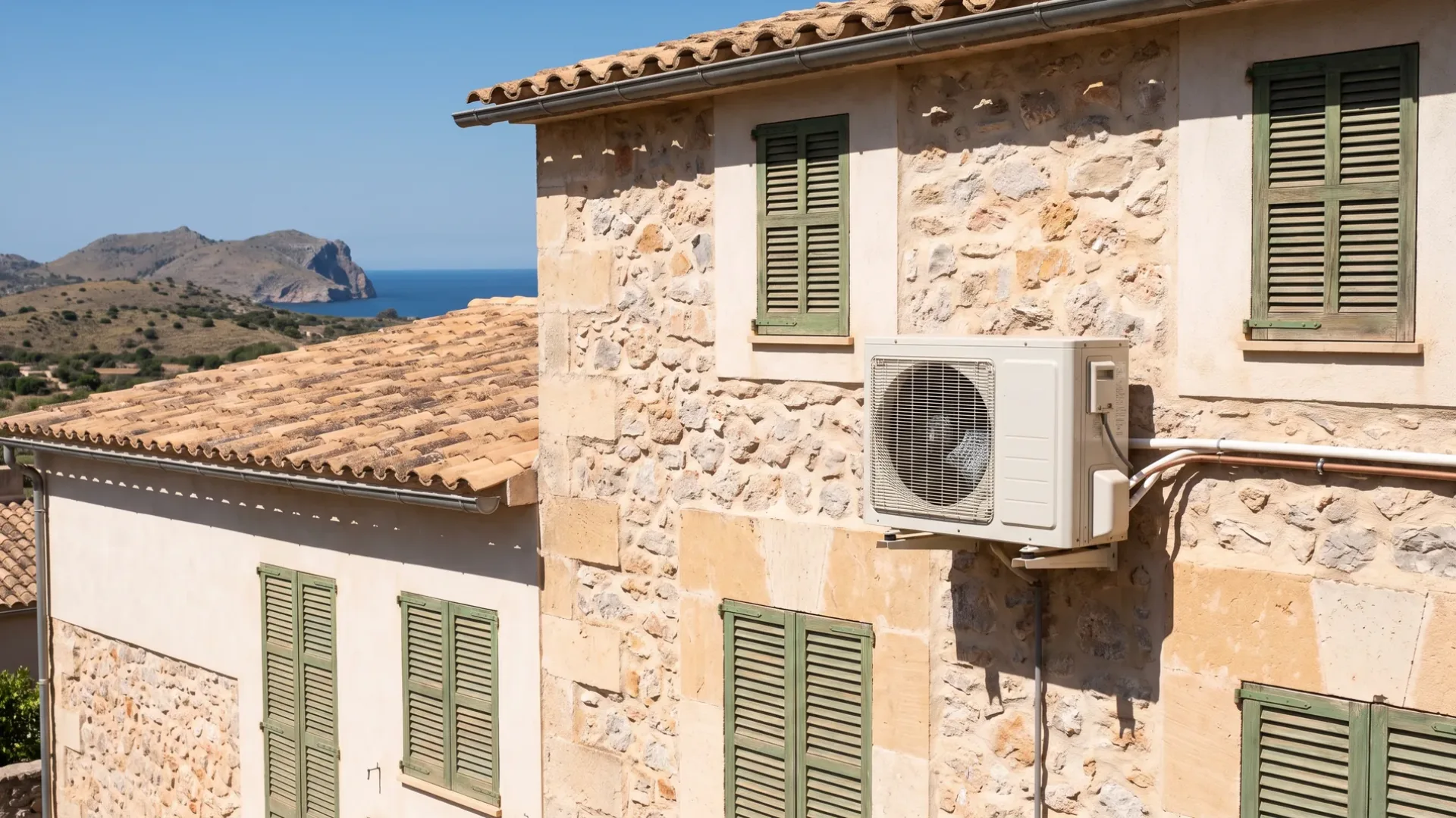 A condenser bracketed to a stone facade above tiled roofs, a headland and open water beyond it