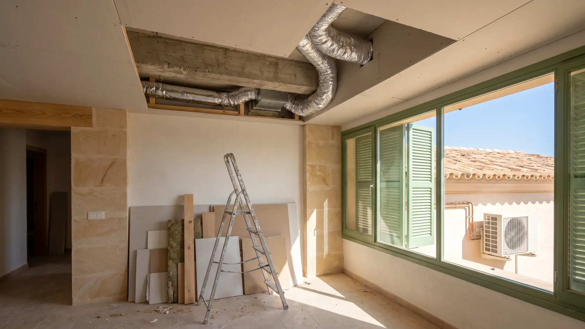 Conductos aislados y un techo levantado vistos desde una habitación en obras, una unidad exterior tras la ventana