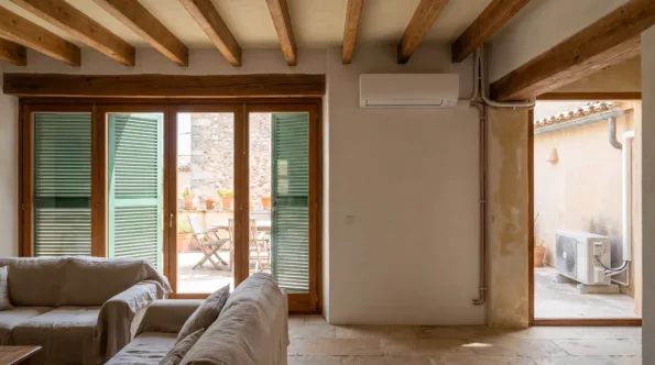 A wall unit above a sitting room with beams and folding shutters open to a courtyard and condenser