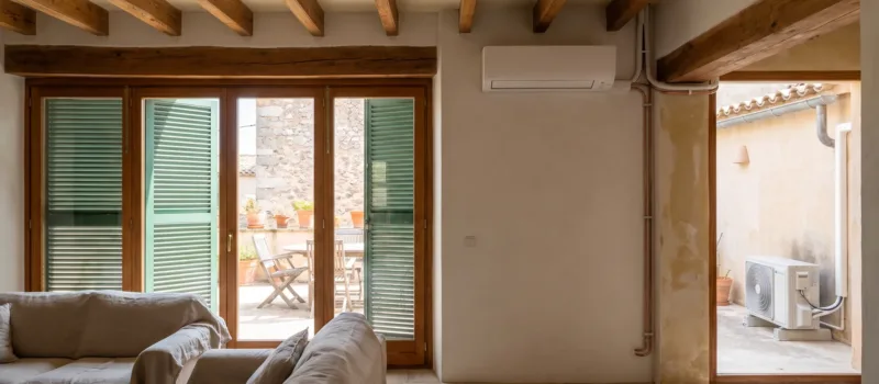 Una unidad de pared sobre un salón con vigas y persianas plegables abiertas a un patio con la unidad exterior