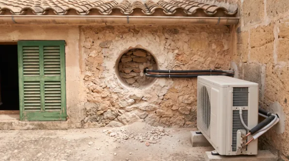 A cored opening through a thick rubble wall carrying insulated lines to a condenser standing beside it