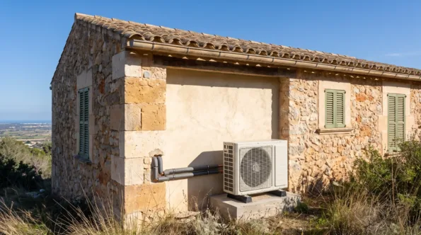 A condenser on a plinth against a rendered gable, dry scrub around it and the plain far below