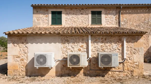 Three condensers of different ages ranged along the rendered base of a two storey stone house