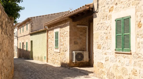A condenser bracketed to a rendered wall in a narrow cobbled lane between old stone houses