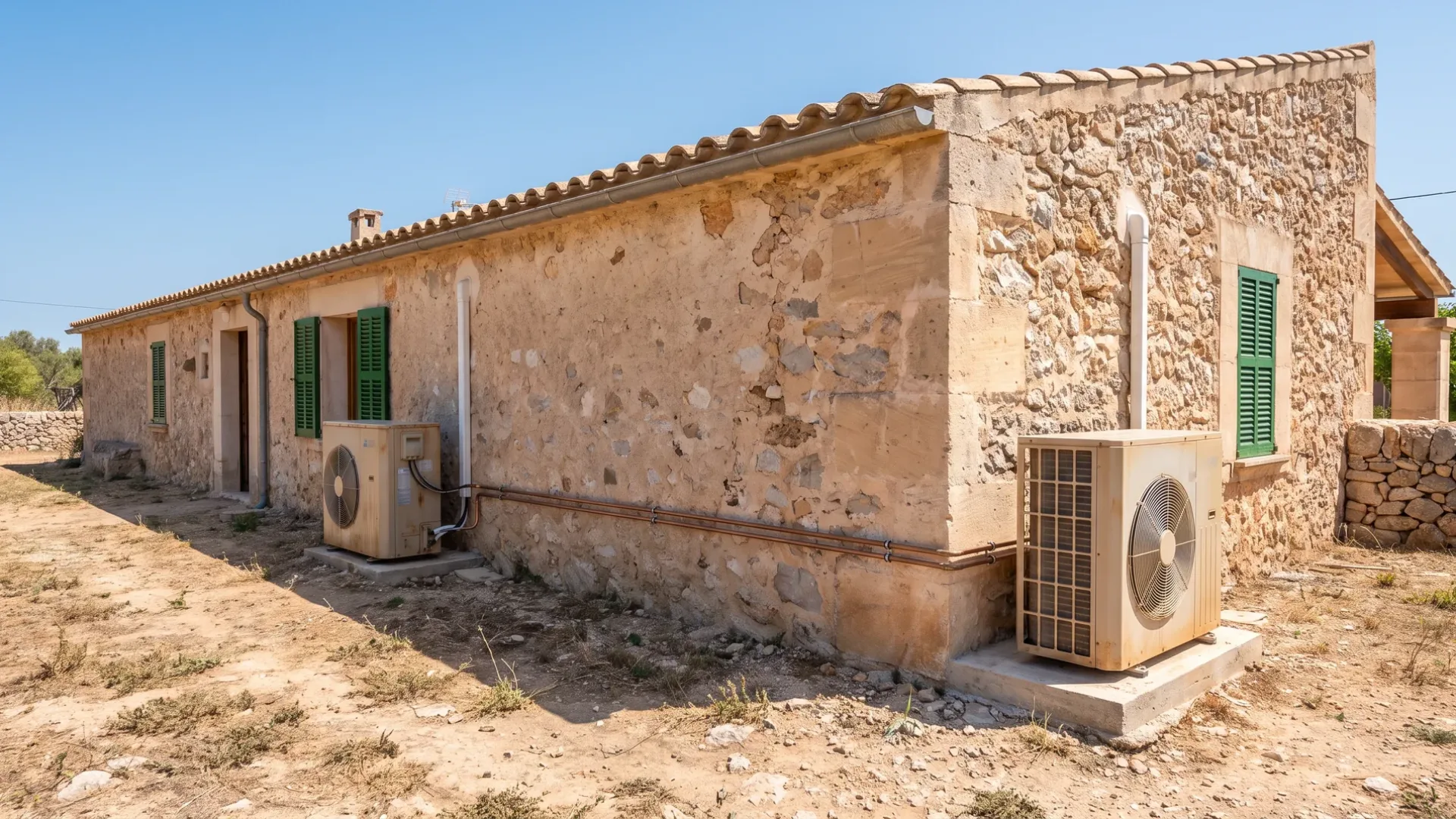 Two condensers at opposite ends of a long stone farmhouse, dry ground and a low wall around it