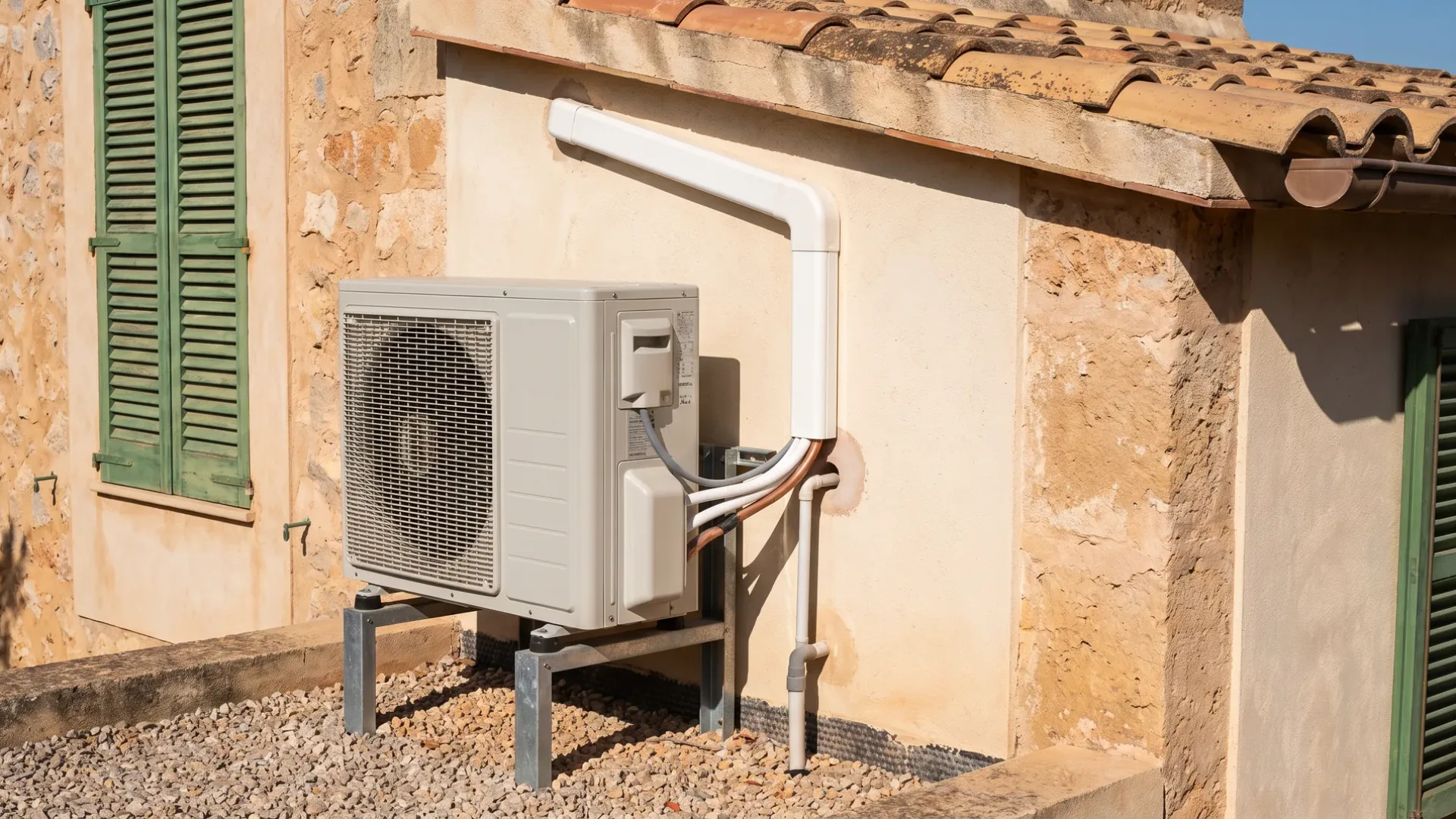 A condenser raised on galvanised feet against a rendered wall, its pipe run boxed to the roofline