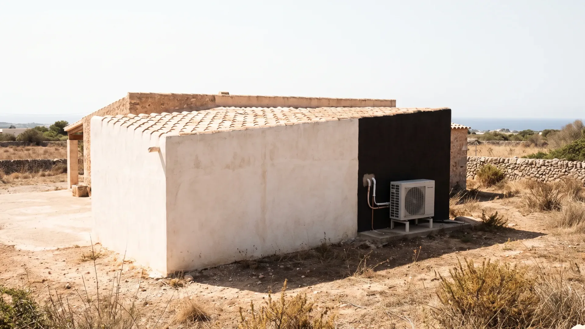A condenser in a dark recess of a low rendered building, dry scrub and open water behind it