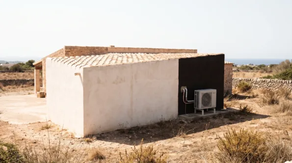 Una unidad exterior en un hueco oscuro de un edificio bajo revocado, matorral seco y mar abierto detrás