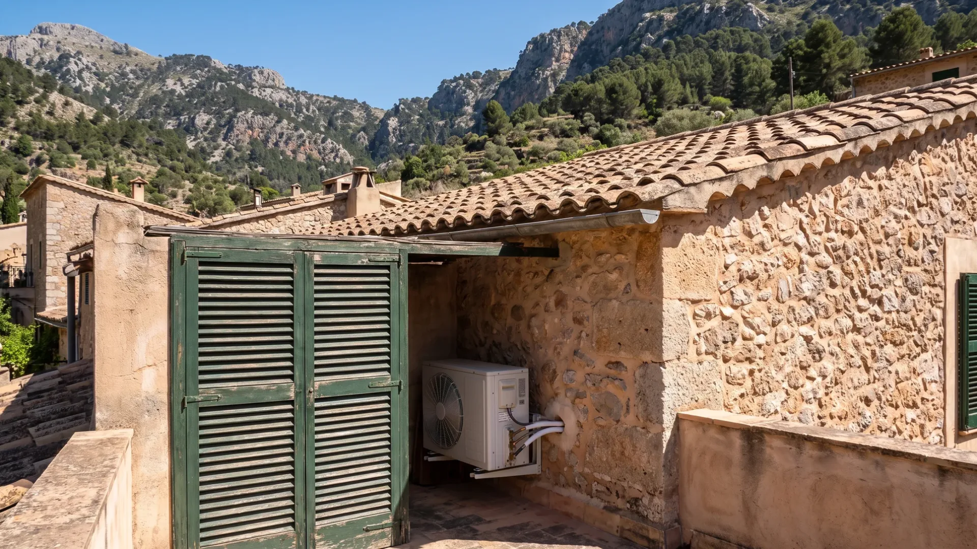 Una unidad exterior tras puertas de lamas abiertas en una dependencia de piedra, montañas boscosas alzándose detrás