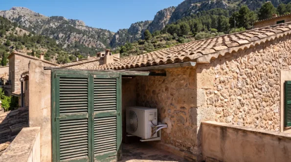 Una unidad exterior tras puertas de lamas abiertas en una dependencia de piedra, montañas boscosas alzándose detrás
