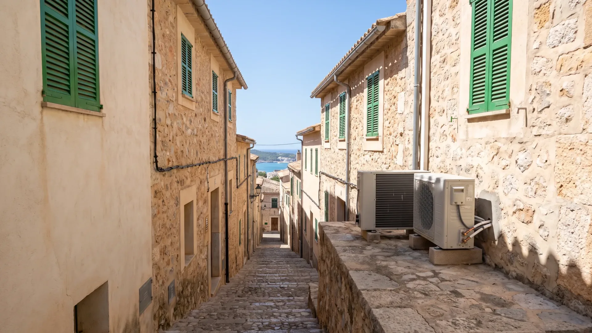 Dos unidades exteriores en un muro de una calle escalonada de piedra que baja hacia el agua
