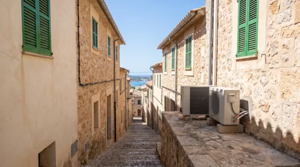 Dos unidades exteriores en un muro de una calle escalonada de piedra que baja hacia el agua