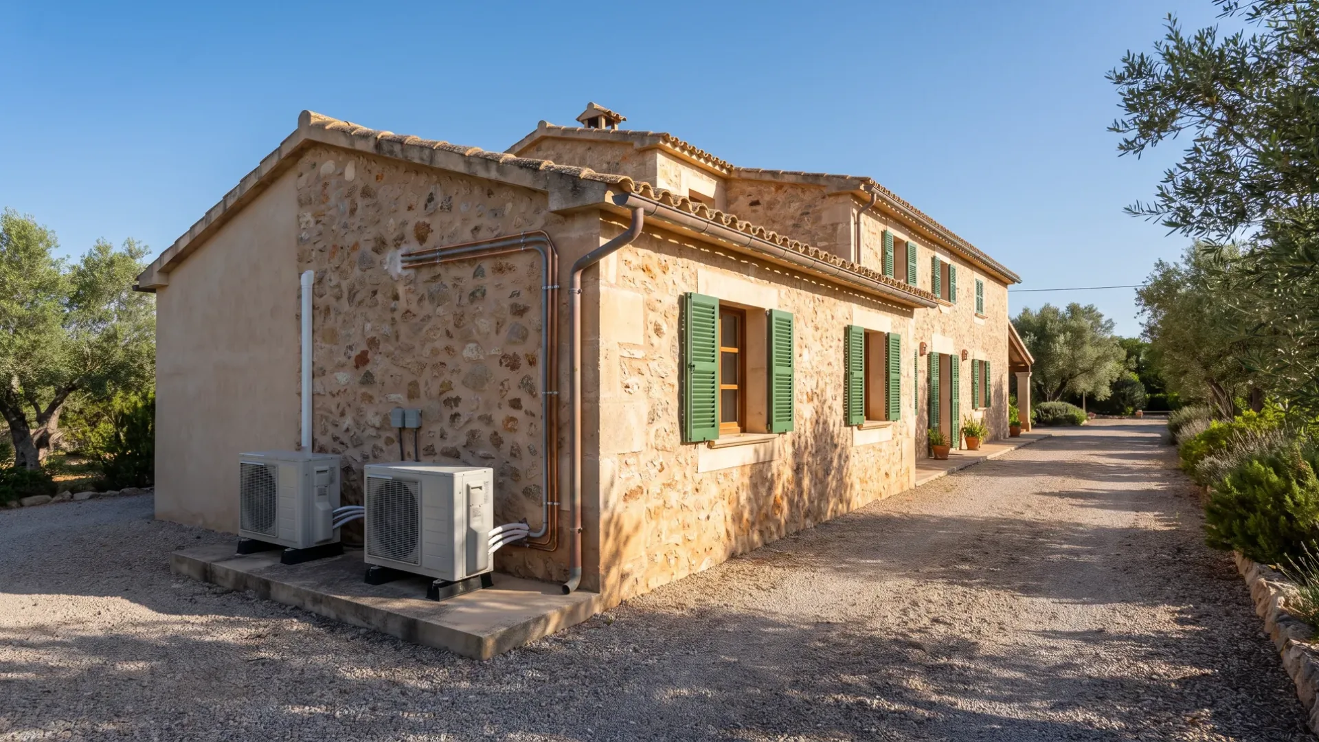Two condensers on plinths at the gable of a stone house, a gravel drive and olive trees around it