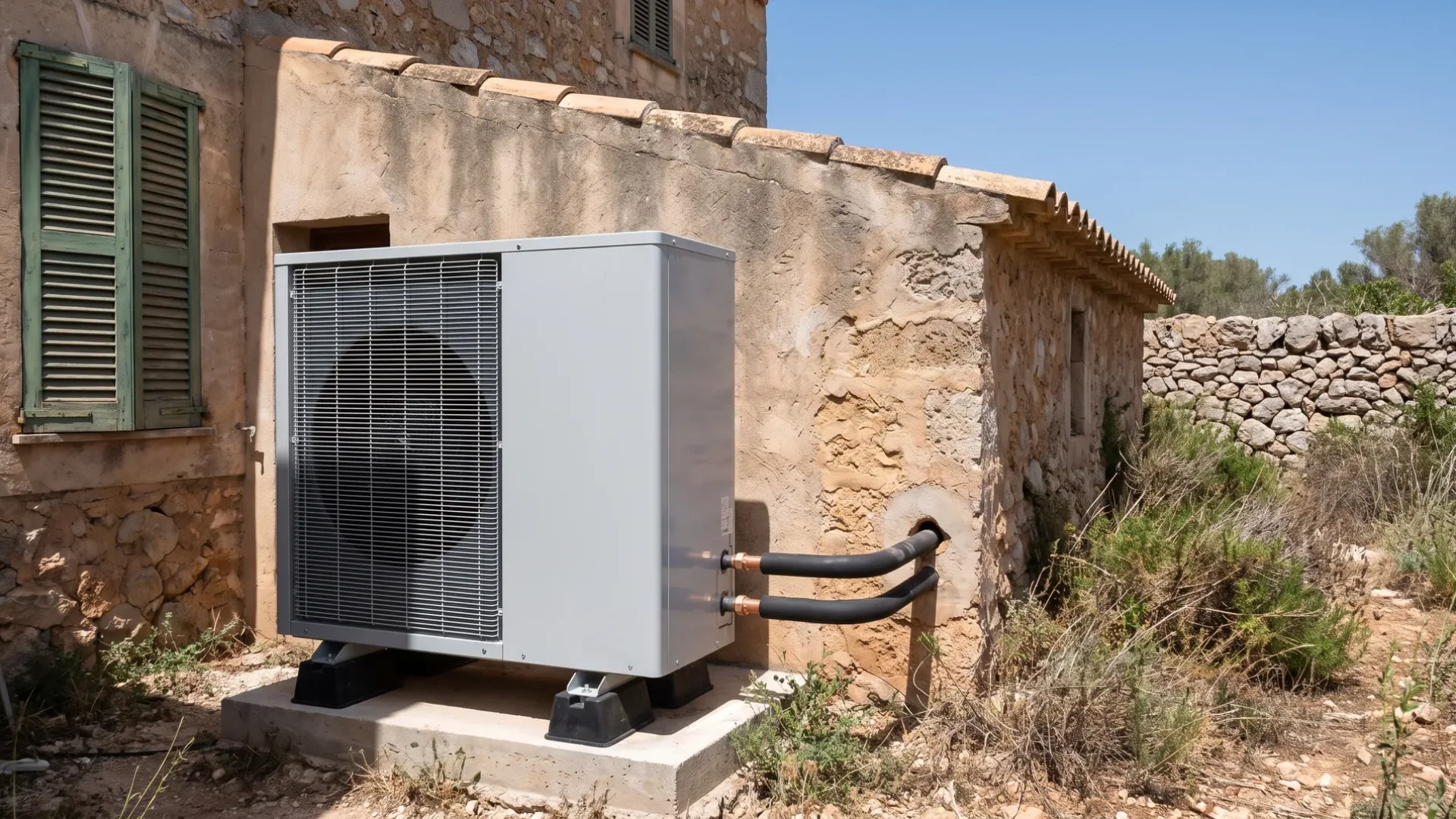 A large air source heat pump on a concrete pad beside a stone building, flow and return lines run to it
