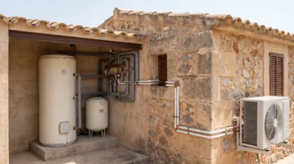 A cylinder and buffer vessel in an open plant recess, a condenser on the wall around the corner