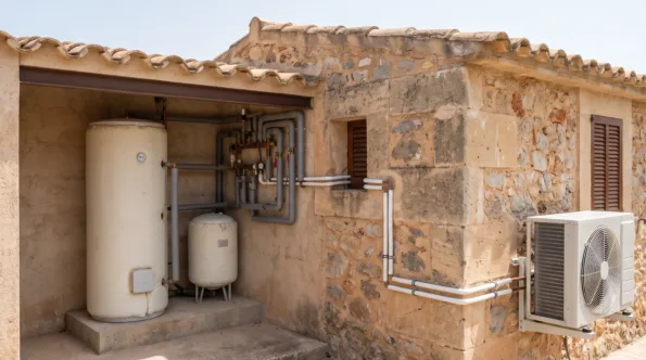 A cylinder and buffer vessel in an open plant recess, a condenser on the wall around the corner