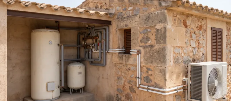 Un acumulador y un depósito de inercia en una hornacina de instalaciones abierta, una unidad exterior en el muro a la vuelta de la esquina