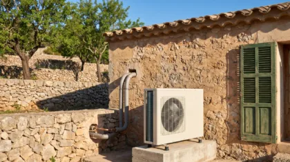 A heat pump on a plinth against a rendered wall, ductwork rising and terraced dry stone behind it