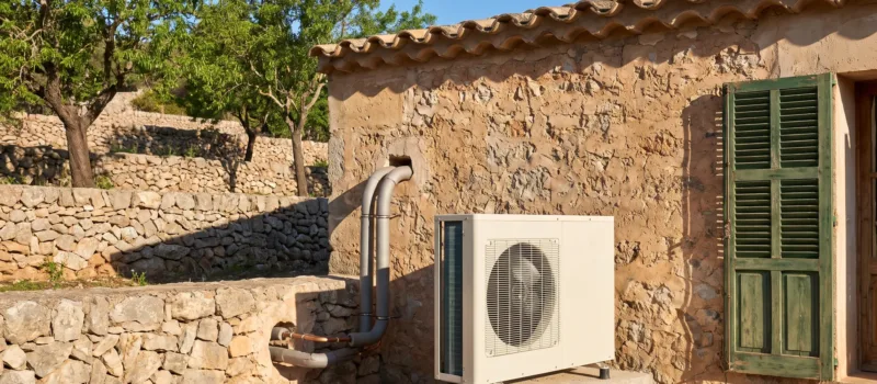 Una bomba de calor sobre bancada contra un muro revocado, conductos que suben y bancales de pared seca detrás