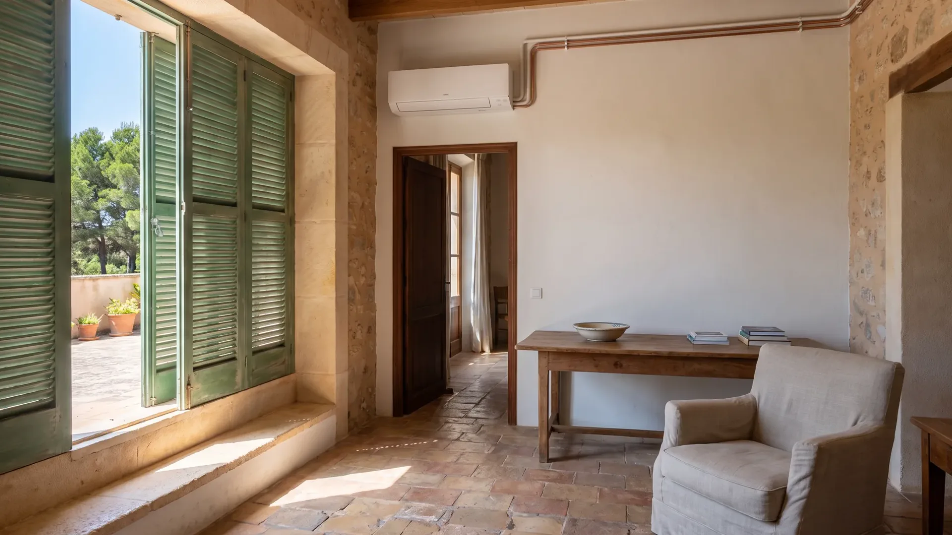 A wall unit in a room with a timber table and armchair, shutters folded back onto a terrace