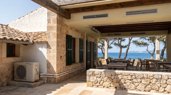 Ceiling grilles under a covered terrace with long tables, a condenser tucked beside the stone wall