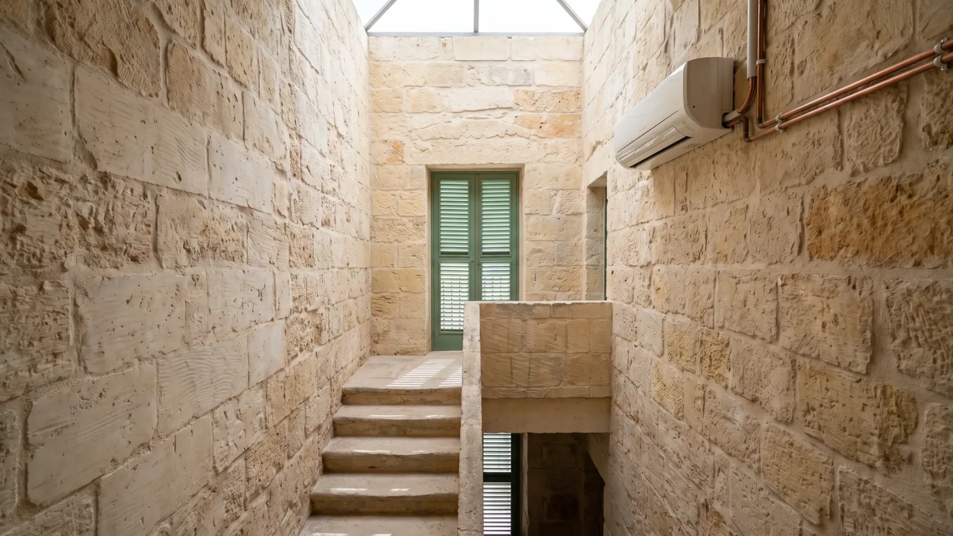 Ein Wandgerät hoch in einem von einem Oberlicht erhellten Steintreppenhaus, Stufen steigen zu einem Fenster mit Läden