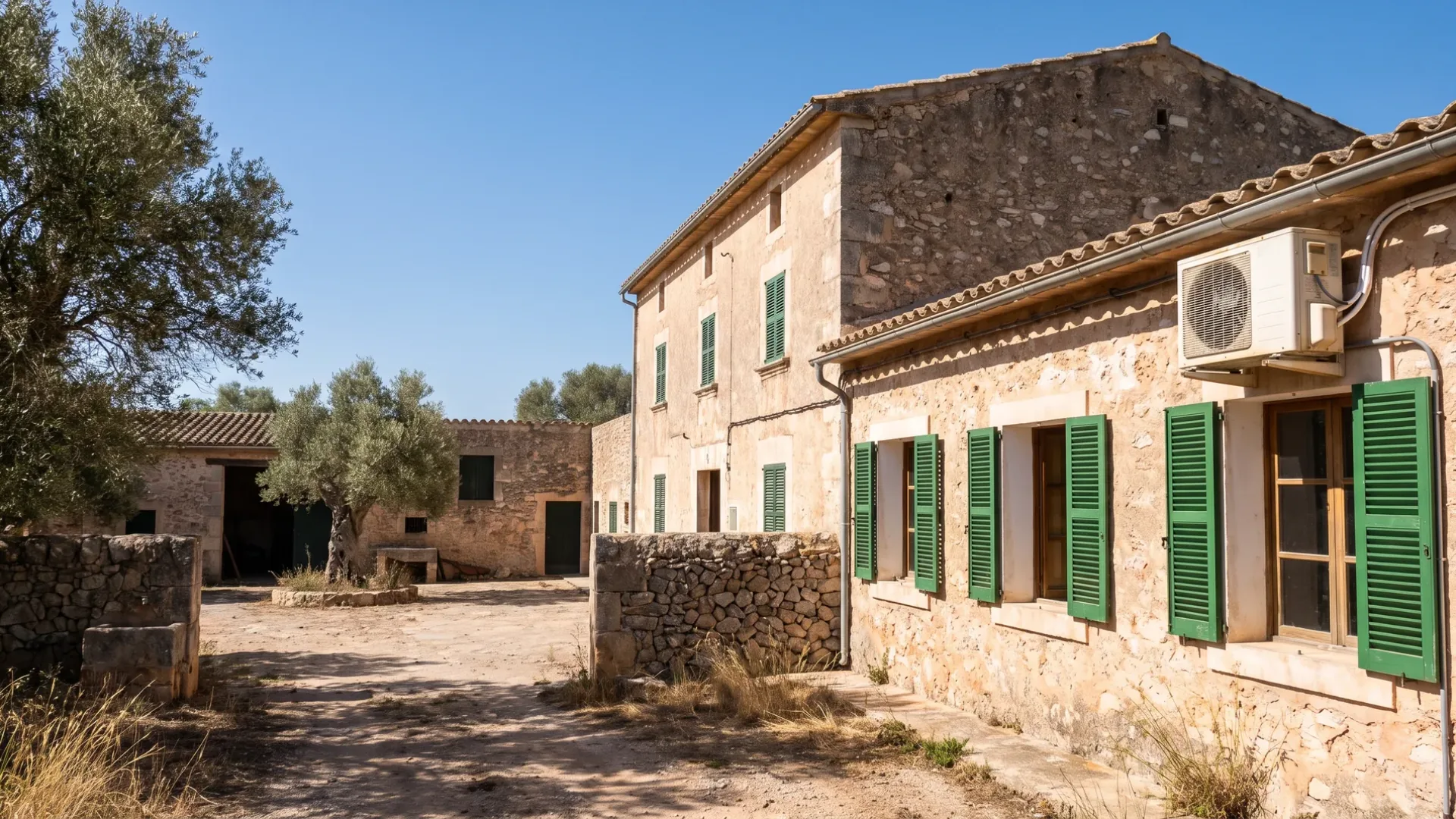 A condenser under the eaves of a stone farmhouse, its outbuildings and a bare yard alongside