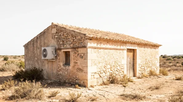A condenser on the flank of a small stone building standing alone in dry open country