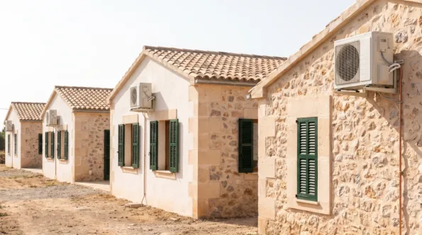 A condenser on the gable of each of a row of small stone houses, dry ground between them