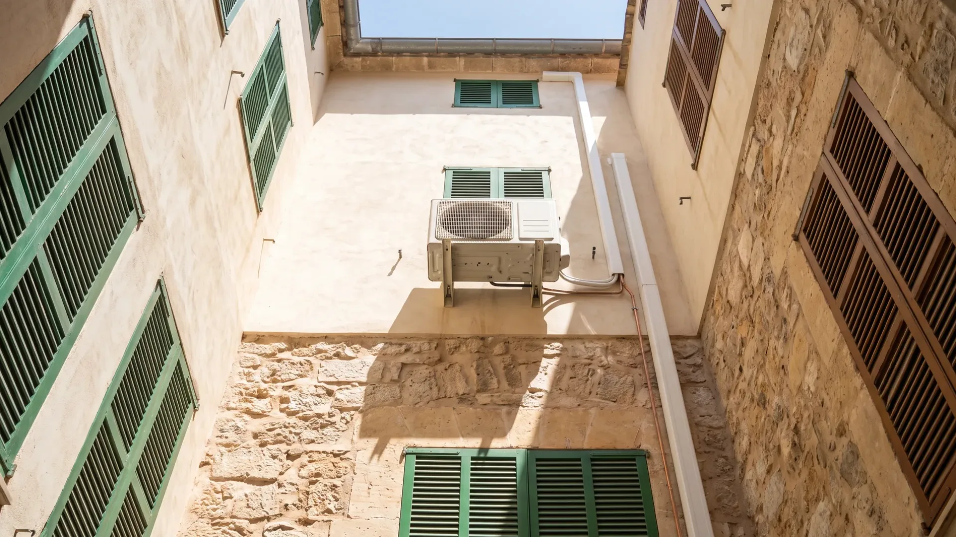 A condenser bracketed high in a narrow rendered light well, shuttered windows on every side