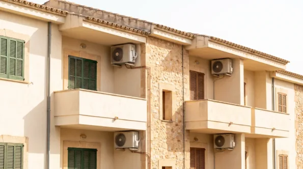 Außengeräte auf den Balkonen eines Apartmentblocks, die Läden gegen die Nachmittagssonne geschlossen