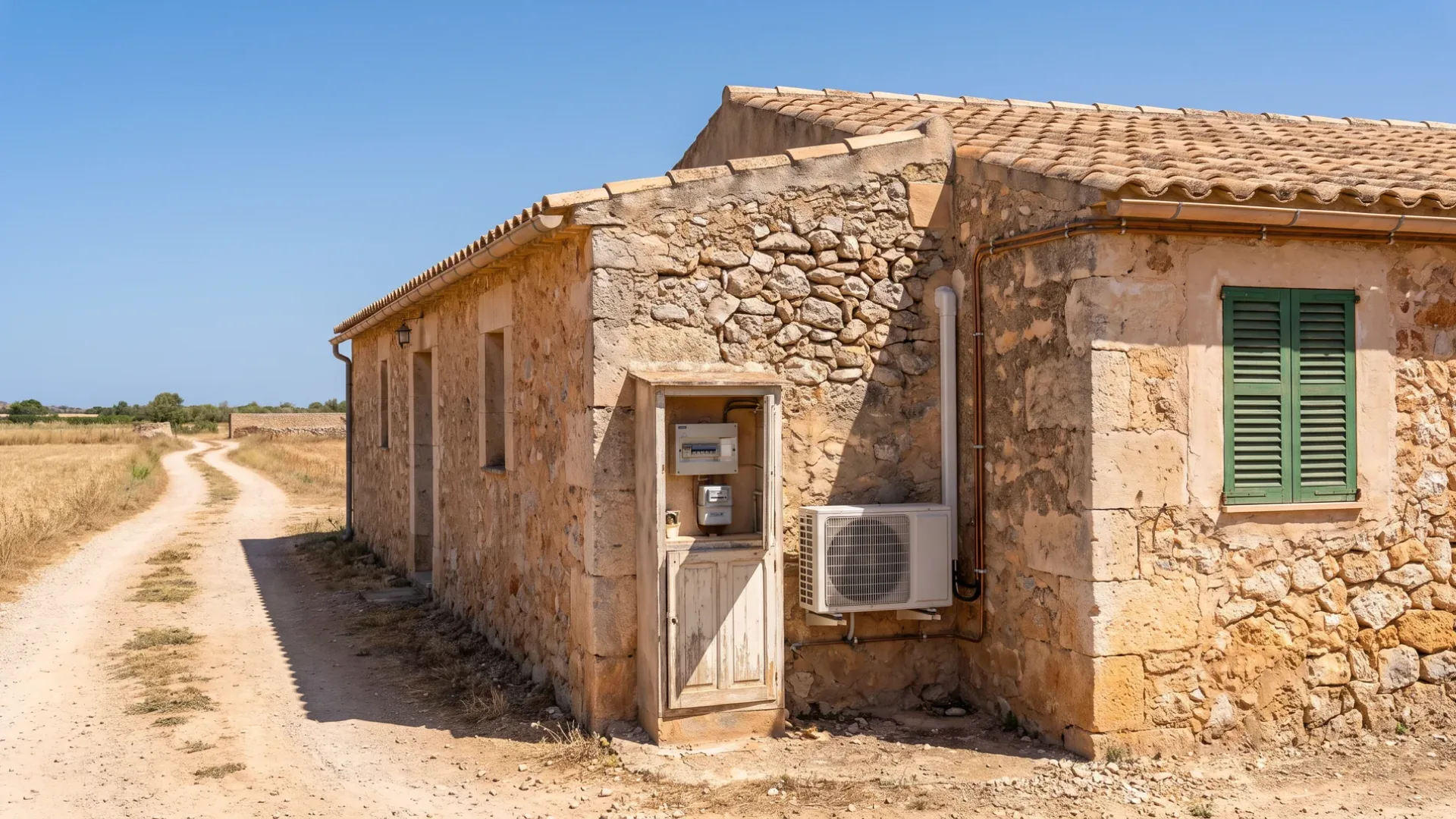 Una unidad exterior y una caja de contador en el hueco de una puerta de una finca de piedra, un camino de tierra que pasa al lado